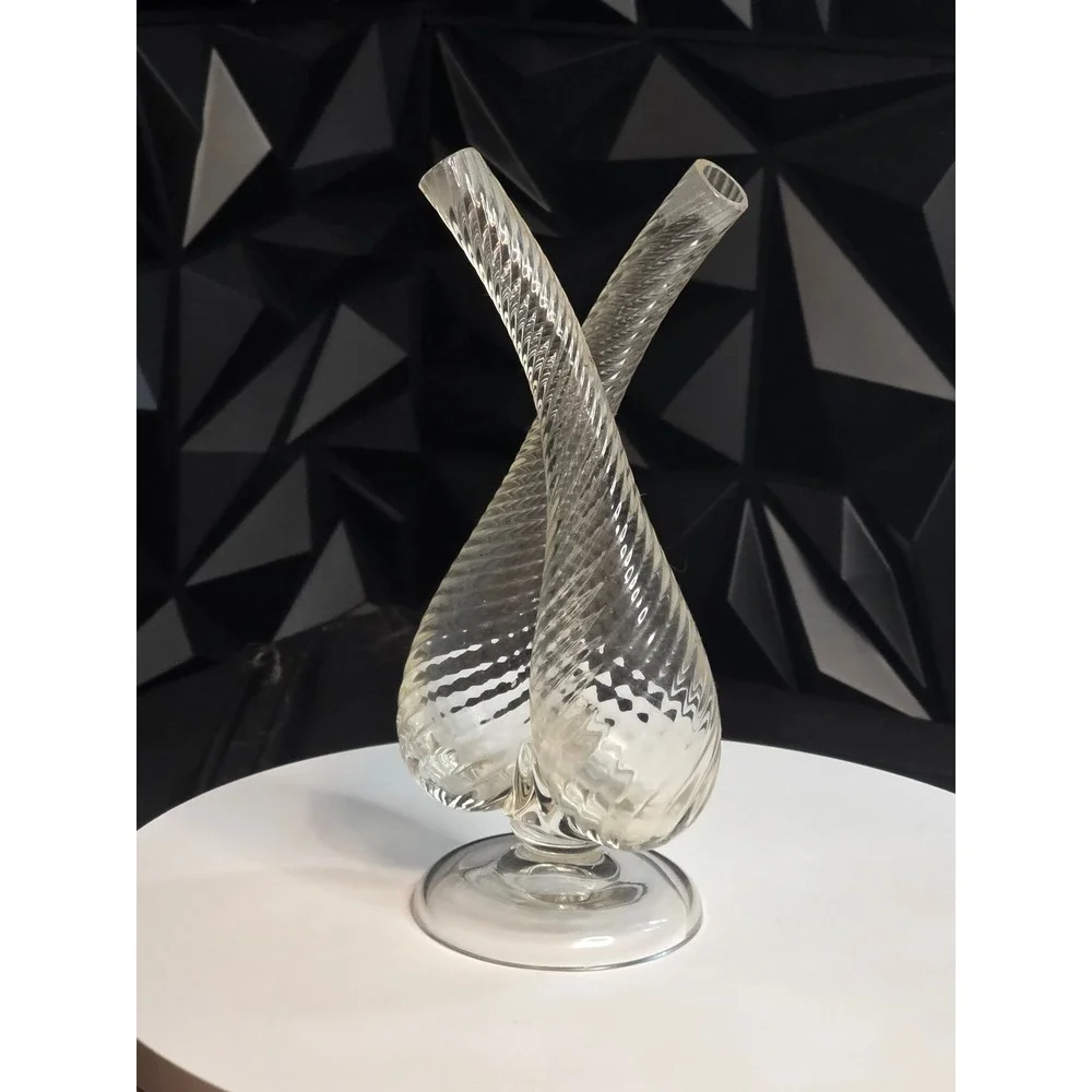 Vintage Clear Glass Double Bud Vase Twisted Ribbed Opti Swirl Pedestal Base 8.5